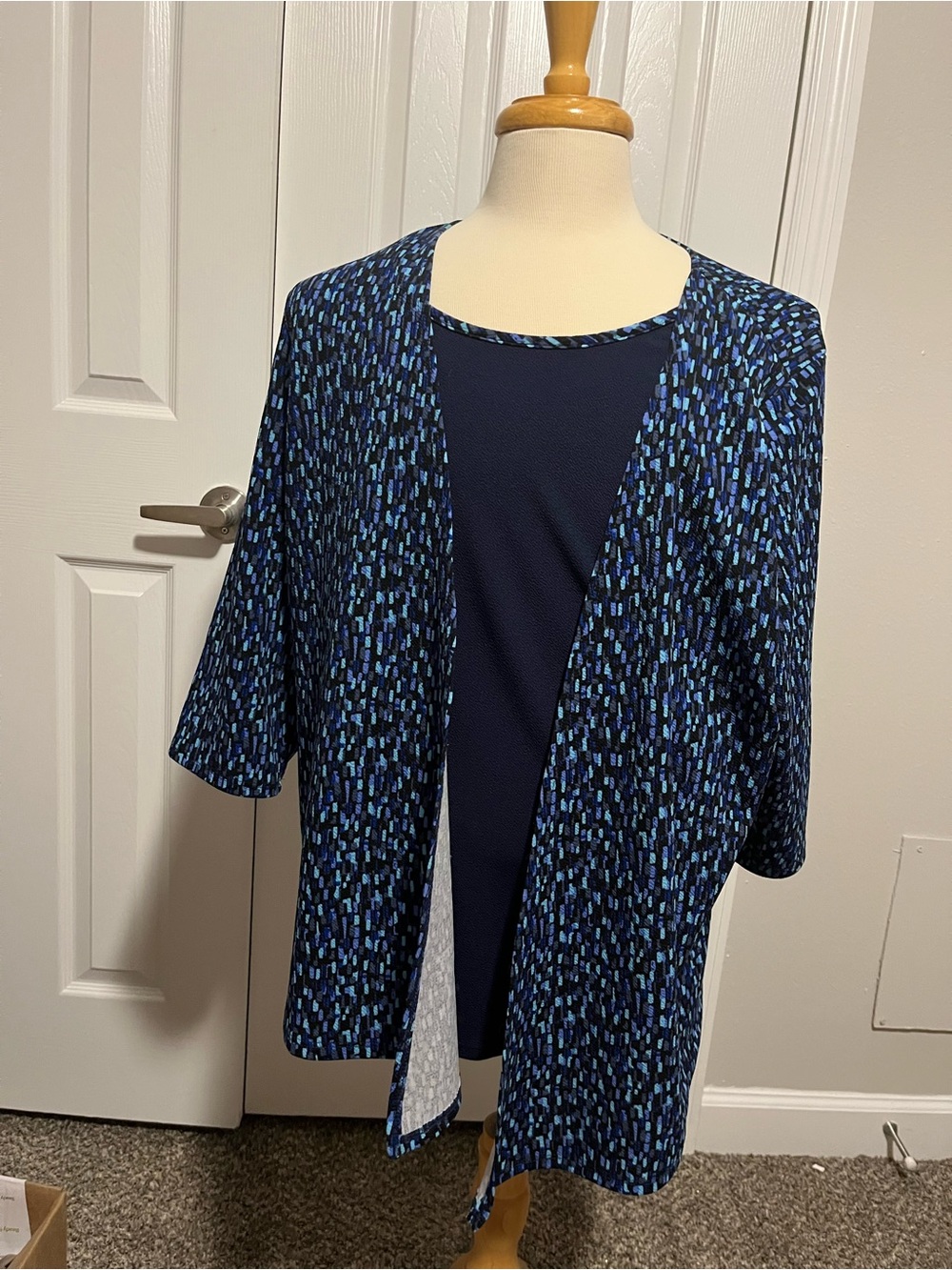 Navy and Blue Patterned Open-Front Cardigan with undershirt